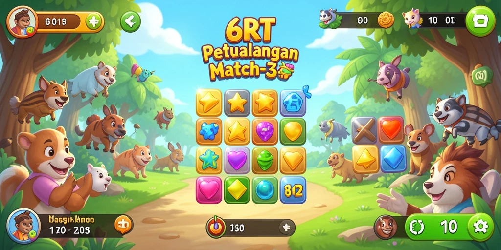 Screenshot gameplay 6RT dengan kombinasi item dalam level Match-3.