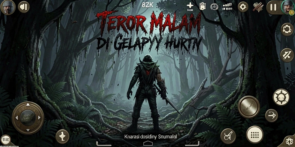 Screenshot gameplay 8ZK menampilkan suasana hutan yang gelap dan menakutkan.
