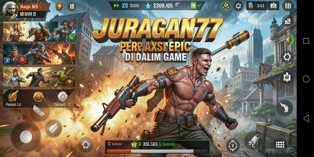 Tampilan gameplay seru dari JURAGAN77 dengan karakter yang bertarung.