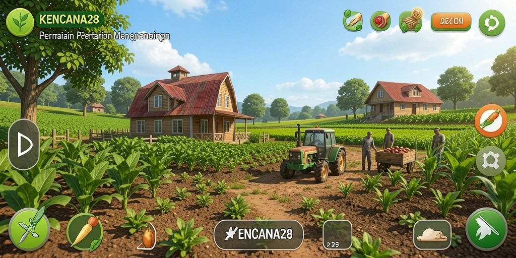 Tampilan gameplay KENCANA28 dengan berbagai kegiatan pertanian.