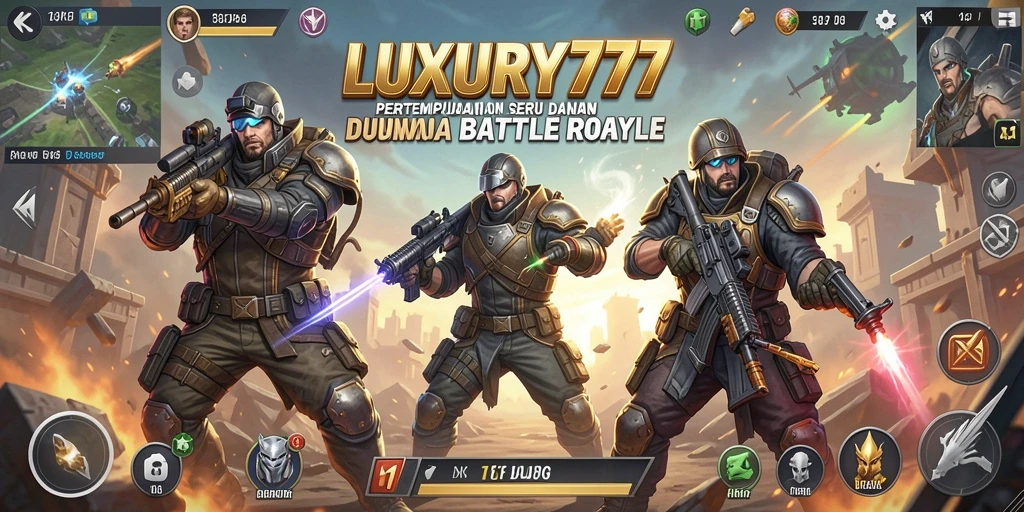 Screenshot LUXURY777 menampilkan aksi tembak-menembak seru dalam pertempuran Battle Royale.