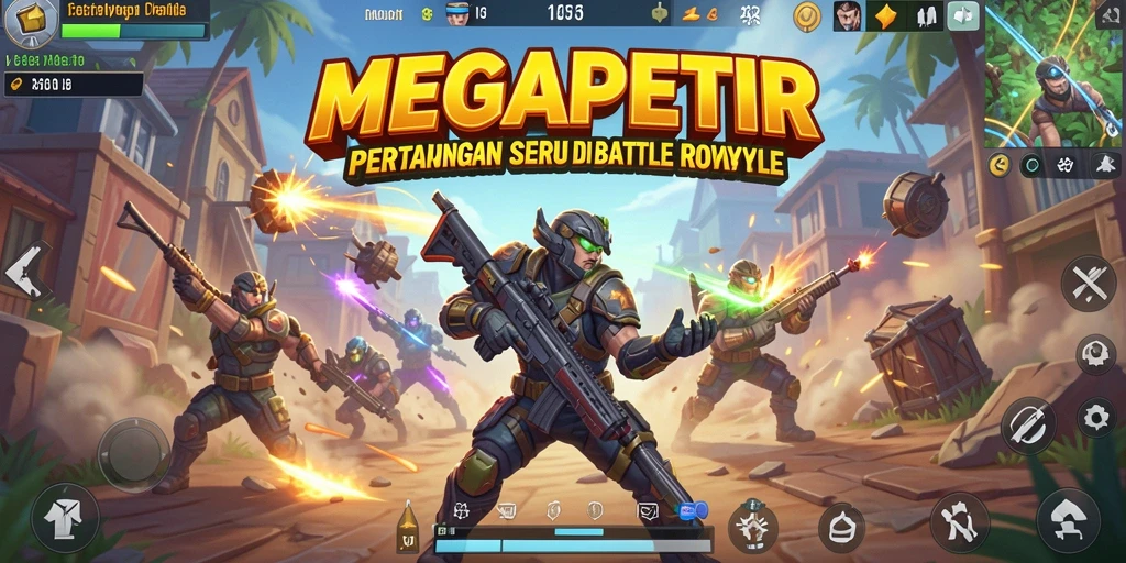 Screenshot gameplay MEGAPETIR dengan aksi seru di medan perang Battle Royale.