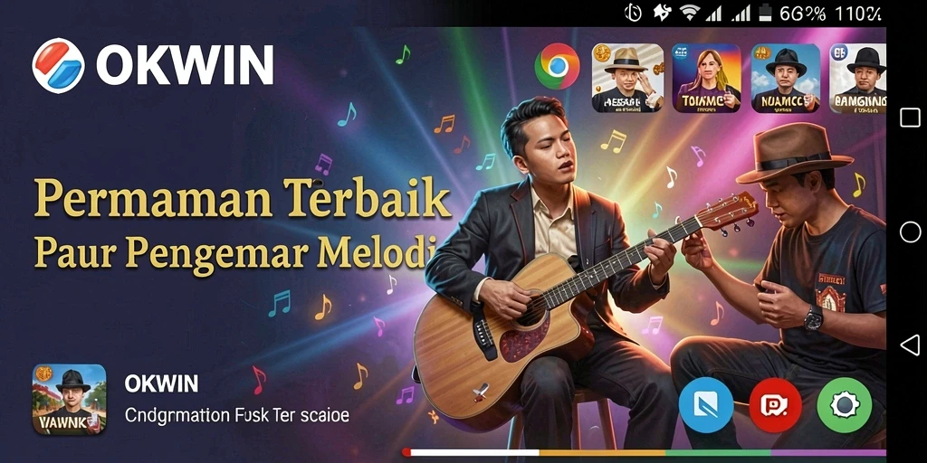 Screenshot gameplay OKWIN yang menunjukkan aksi bermain musik seru.