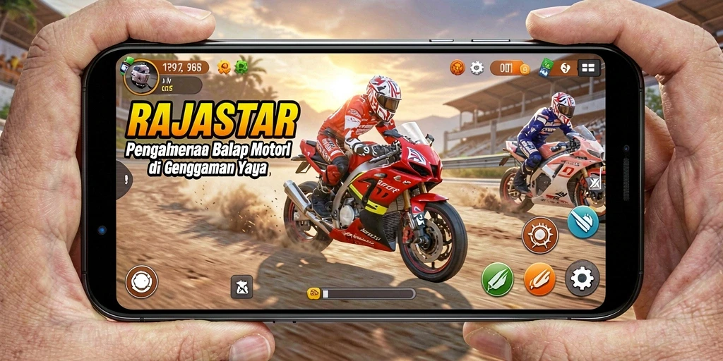 Screenshot gameplay <strong>RAJASTAR</strong> menampilkan balapan motor yang mendebarkan.