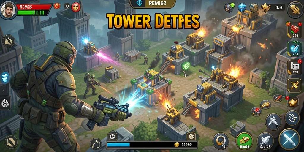 Screenshot gameplay REMI62 menunjukkan pertahanan menara yang kuat.
