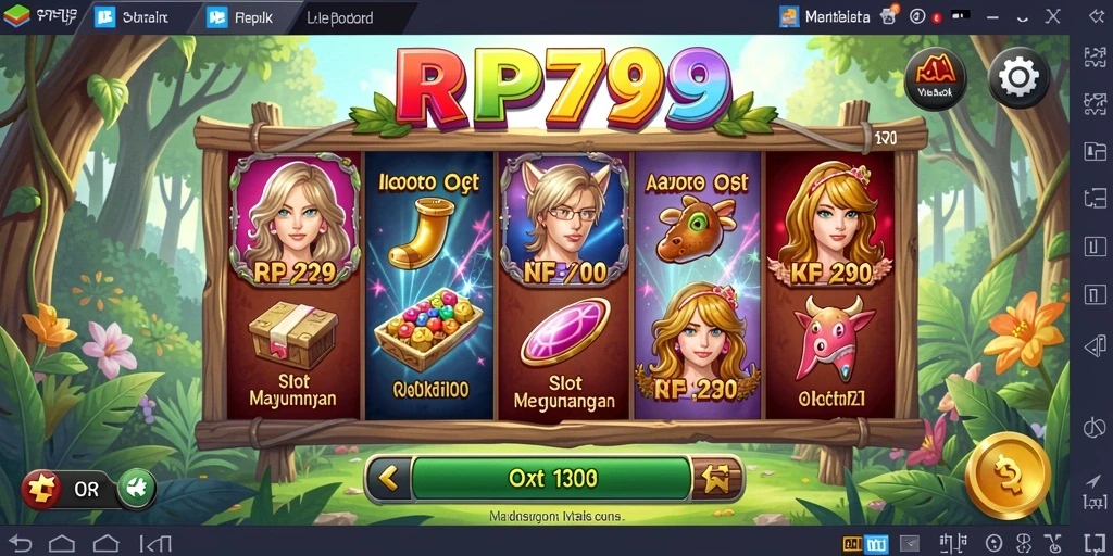 Screenshot utama gameplay RP79 menampilkan gulungan berputar dengan simbol kemenangan.