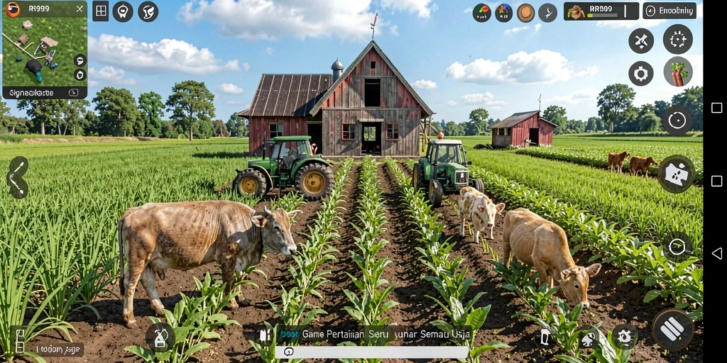 Screenshot gameplay RR999 menampilkan aktivitas bertani yang seru.