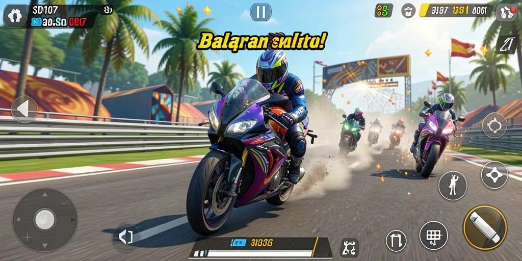 Screenshot gameplay SD107 menampilkan balapan motor yang mendebarkan dan penuh aksi.