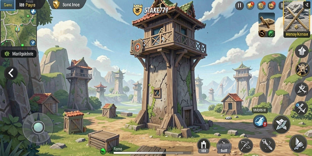 Screenshot menunjukkan aksi menara dalam melawan gelombang musuh di STAKE779.